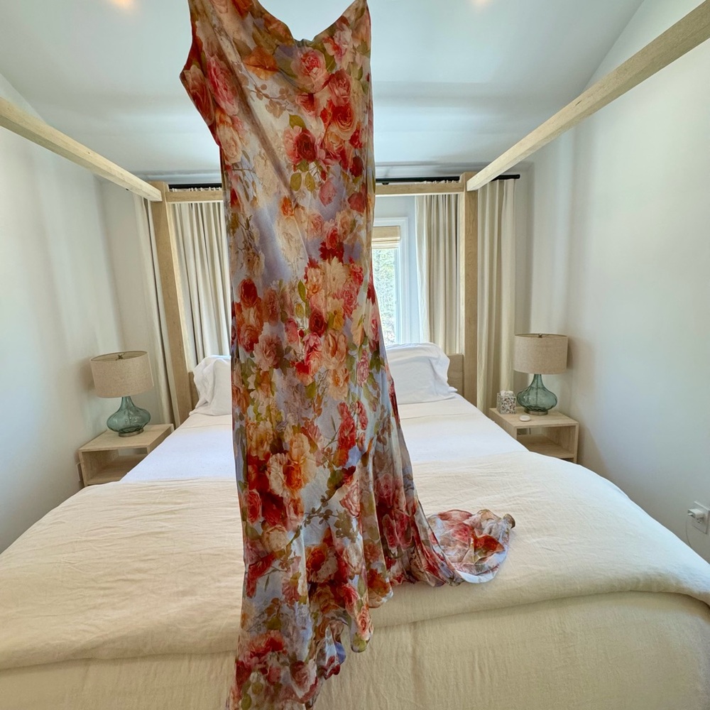 L'AGENCE Floral Print Silk Viola Cowl neck Gown with Red and Pink Accents